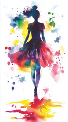 Obraz premium A girl in silhouette wearing an elegant dress, with watercolor splashes of bright colors on a white background, full-body, ink painting, colorful illustration, fantasy, minimalism.