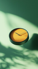 Modern alarm clock levitating against a sleek green background in a minimalist style.
