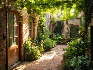 Fototapeta premium Lush garden pathway with sunlight filtering through foliage 
