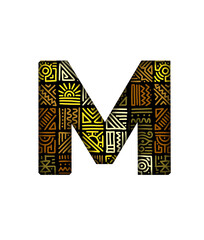 M Alphabet letter text typography african style textile abstract african pattern font transparent background