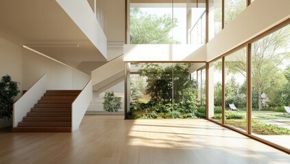 Modern, empty interior with large windows, sunlit courtyard,  and stairs