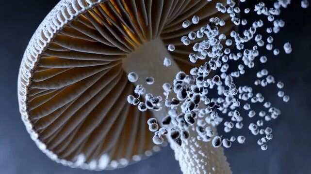 Microscopic mushroom spores releasing from gilled underbelly, displaying intricate reproductive dispersal mechanism in detailed slow motion magnification