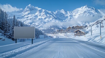 A clean, empty advertising board positioned at the entrance of a five-star ski resort, with snow-covered mountains in the background.