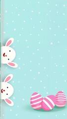 A blue background with two white rabbits peeking out from behind a green door.