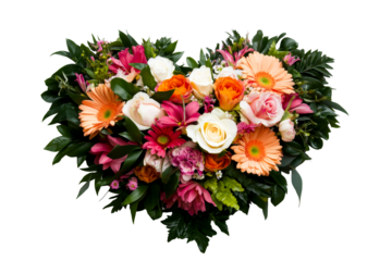 Heart shaped floral bouquet featuring roses, gerberas, leaves, cut out transparent