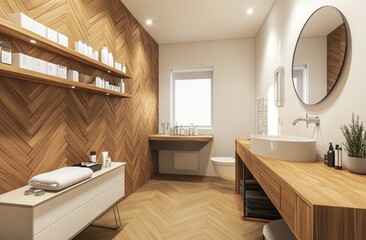 Modern spa bathroom with wooden herringbone wall