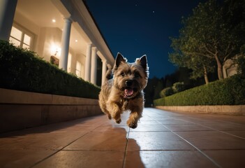 Obraz na płótnie Canvas cairn terrier dog playing around outdoors, in the garden of a villa, at home, doggy running outside the house