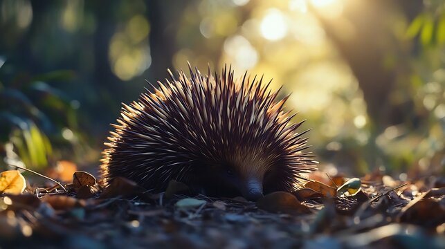 Curled into perfect defensive ball echidna sharp quill contrast against soft focus forest floor Sunlight filter through canopy casting dappled highlight textured spine close up composition emphasizes