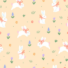 Bunnies with Bows and Flowers Seamless Pattern