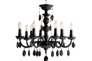 Elegant black chandelier with crystals isolated, cut out transparent