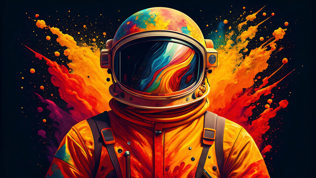 vibrant digital illustration featuring astronaut colorful space suit, surrounded by abstract splashes of paint, evokes sense of adventure and