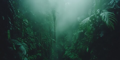 Obraz premium Misty rainforest canopy with dense foliage and mysterious atmosphere