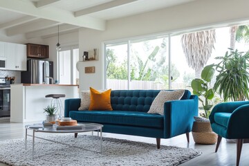 Teal sofa living room with kitchen view, modern home interior