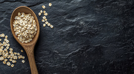 Wooden Spoon of Raw Oats on Textured Slate Background