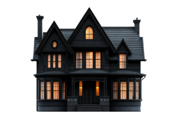 Mysterious dark mansion lit from within in night, cut out transparent