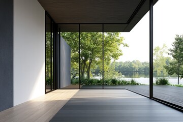 Modern interior room with large glass walls showcasing a tranquil lake view