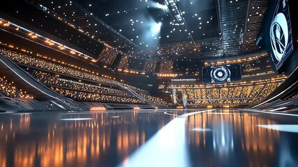 Futuristic arena interior with vibrant lights and a central stage - Powered by Adobe