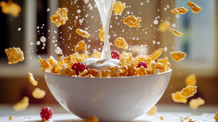 Floating Bowl of Cereal with Midair Milk Pouring In