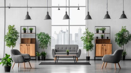Modern industrial loft living room with city view