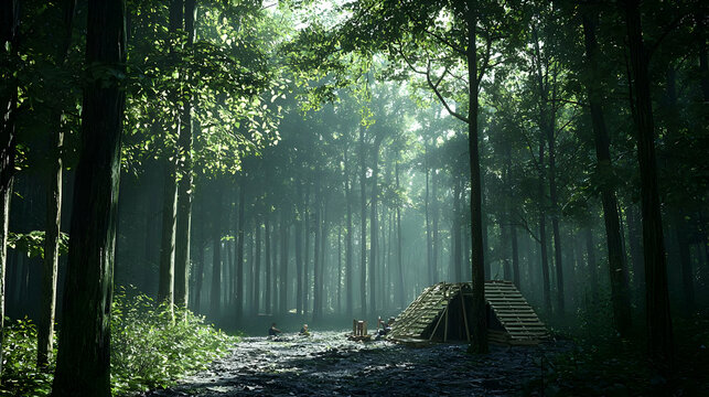 Pixelized Forest Path in Sunlight