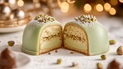 Gourmet pistachio dessert: a delicate sponge cake with creamy filling, covered in smooth pistachio glaze and topped with crushed nuts. ideal for food blogs, restaurant menus, and pastry advertisements