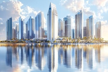 Obraz premium Modern waterfront city skyline reflecting on the water