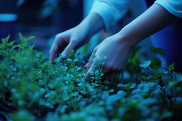 Fototapeta premium Hands gently tending to a lush bed of vibrant green seedlings, showcasing the beauty of new growth.