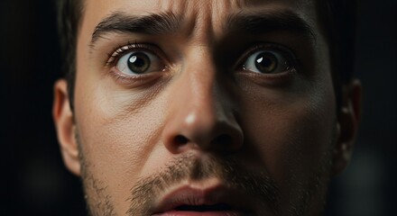 Close-up Portrait of a Shocked Young Man with Wide Eyes, Fearful Expression, and Subtle Facial Hair, Dark Background
