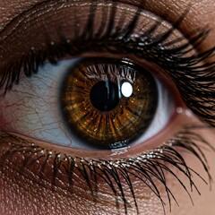 A close-up, high-resolution image captures the intricate details of a dark brown human eye with subtle gold flecks.
