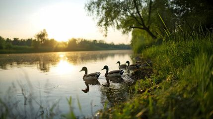 Ducks On Riverbank At Sunrise
