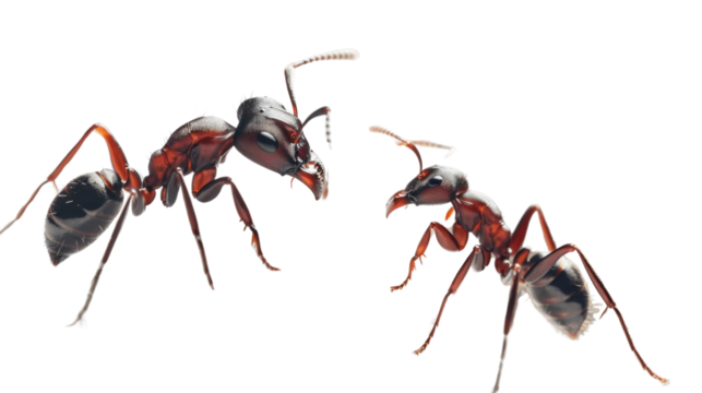 Two red ants interacting on transparent background
