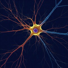 A detailed illustration depicts a network of neurons in the human brain with intricate dendrites, axons, and synapses.