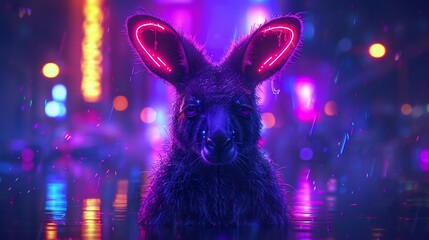 Cyberpunk inspired neon lit illustration of swamp wallaby dark moody aesthetic glowing city lights reflecting in fur futuristic wildlife concept