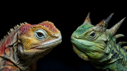 Fototapeta premium Closeup Of Two Different Colored Lizards Facing Each Other