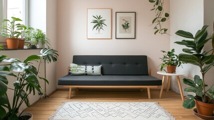 Cozy living room with sofa, plants, and artwork.