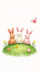A watercolor illustration of three rabbits sitting on a grassy hill.