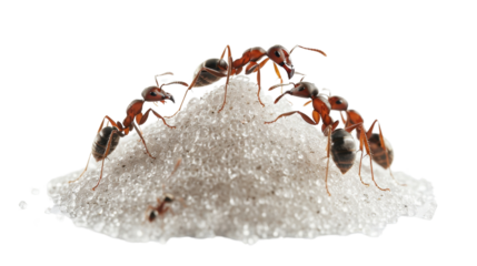 Ants carrying sugar crystals on transparent background