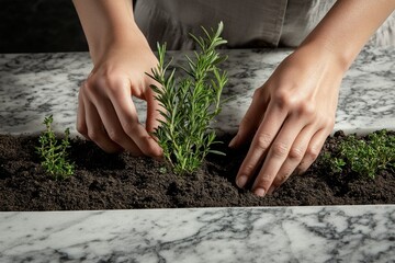 Fototapeta premium Hands planting rosemary and thyme in dark soil on a marble surface, creating a herb garden.