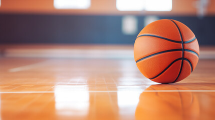 Fototapeta premium Basketball ball on court close up with blurred arena in background