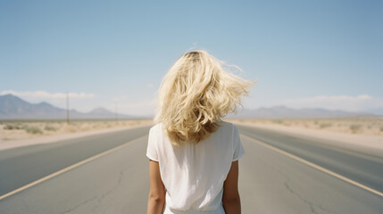 Road to freedom. Blonde woman standing on a long, desert highway facing the mountains