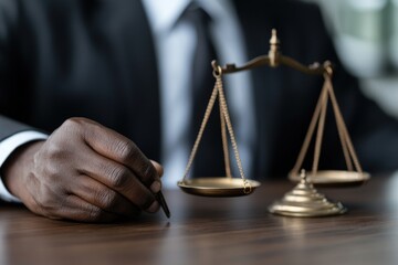 Close-Up of Hand with Pen and Justice Scale Symbol