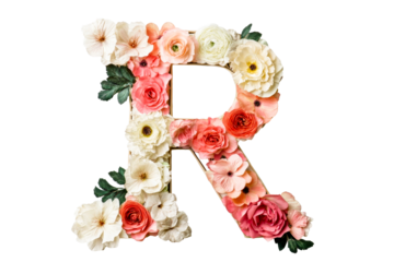 Floral letter R, flower design element, pastel hues, nature concept, cut out transparent