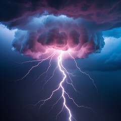 A dramatic and ominous lightning cloud rendered in high-contrast, vibrant colors, set against a dark blue or black background to accentuate its electrifying energy, with thick, wispy tendrils of cloud
