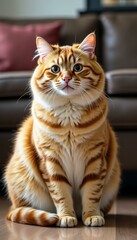 Obraz premium Fluffy orange and white cat sits proudly on a wooden floor, surrounded by a lovely living room decor. Playful spirit shines through its chubby figure, inviting cuddles and joy Generative AI