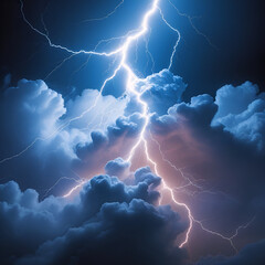 A dramatic and ominous lightning cloud rendered in high-contrast, vibrant colors, set against a dark blue or black background to accentuate its electrifying energy, with thick, wispy tendrils of cloud