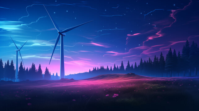 Future power: wind turbine under a neon night sky
