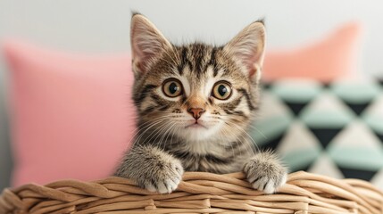National Pet Day, Adorable Tabby Kitten in Wicker Basket Curious Expression Pet Photography