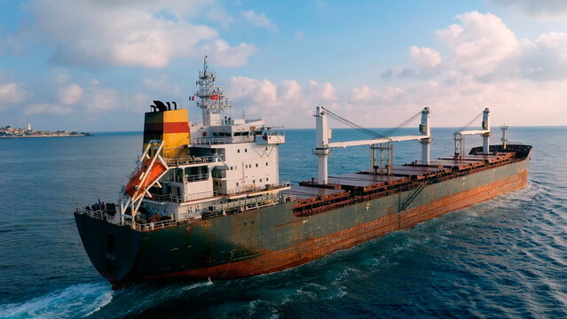 Bulk carrier underway Black Sea at dawn. Dry cargo ship Oborishte merchant ship designed to transport bulk cargo such as grains ore coal cement or steel coils. Istanbul, Turkey