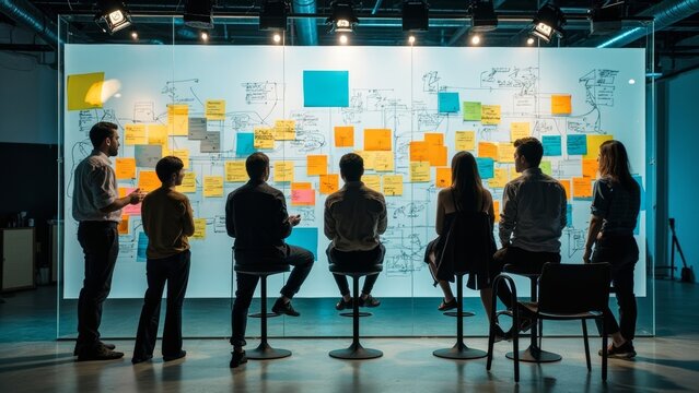 Cross-functional team collaborating on digital workflows with sticky notes in a bright studio