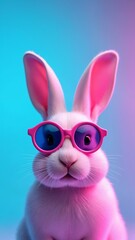 Fototapeta premium A close up of a white rabbit wearing pink sunglasses.